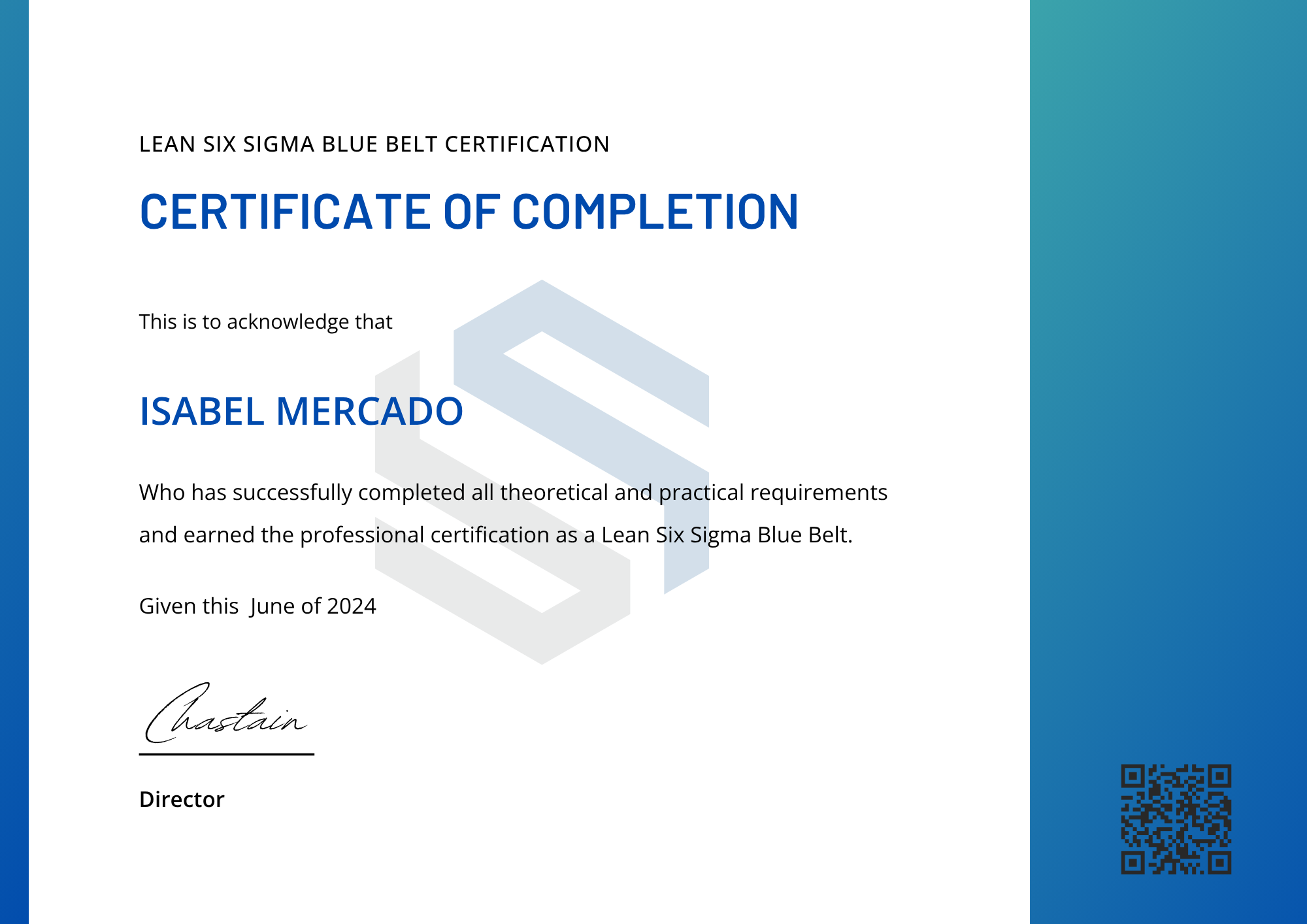 Six Sigma Certificate Sample for Course Completion